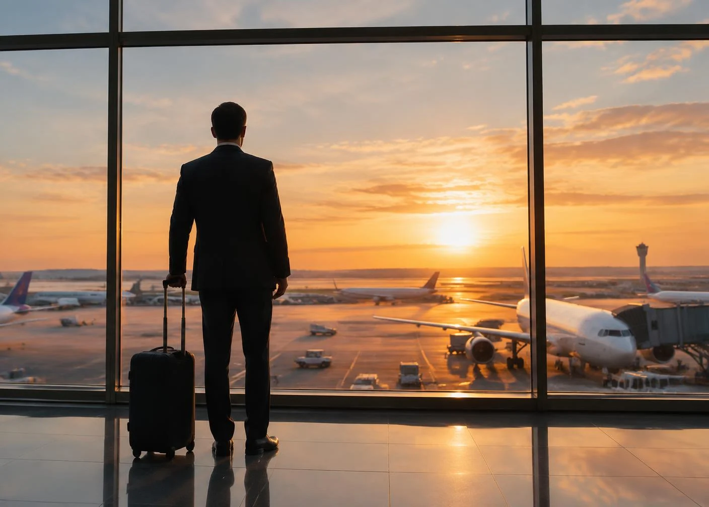 Traveller with a suitcase watching aircraft through an airport window at sunrise