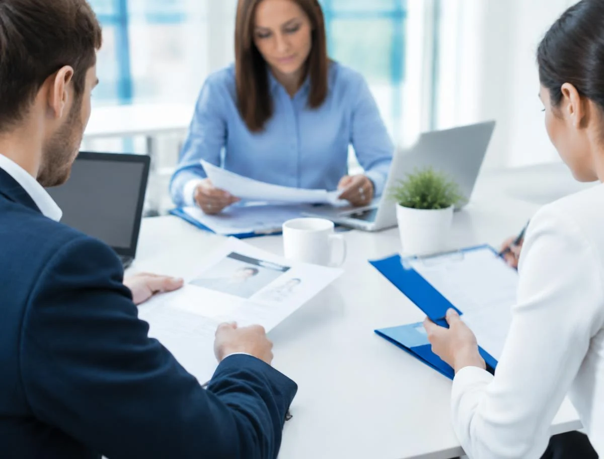 Recruitment team reviewing candidate documents at a meeting table