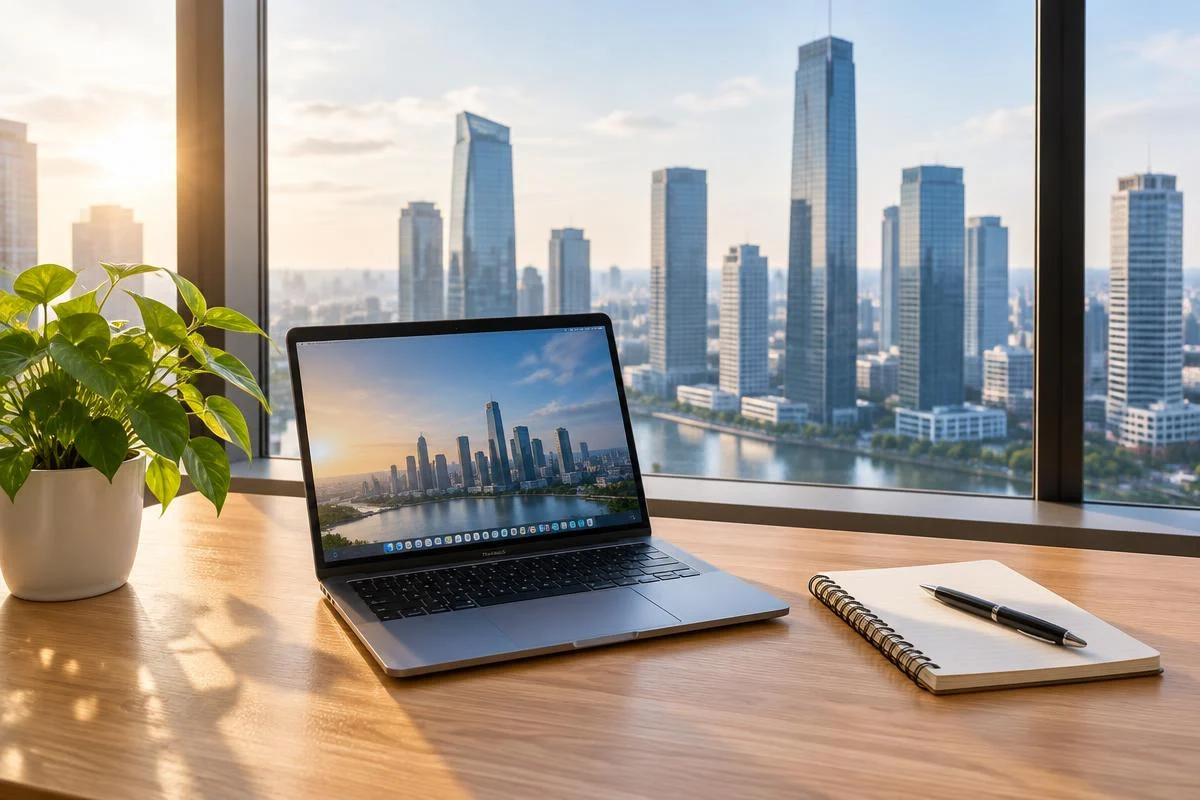 Tidy desk with a laptop and notebook overlooking a city skyline