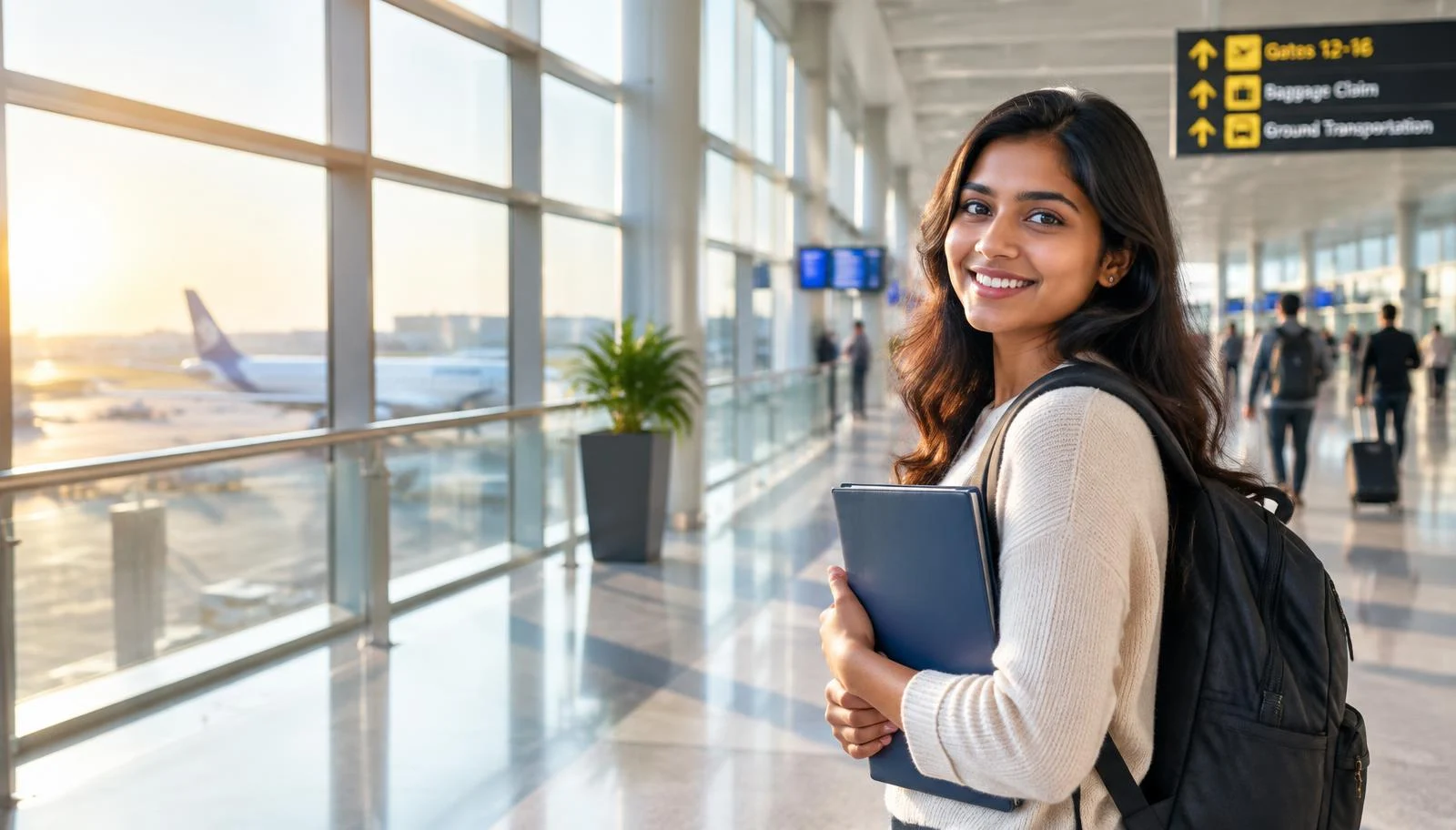 Young woman with a backpack smiling in an airport terminal