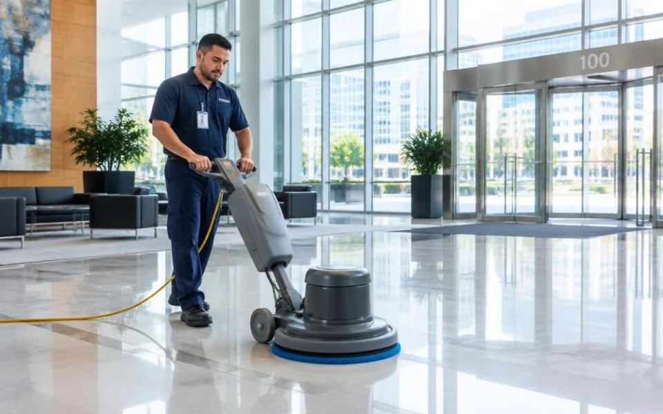 Maintenance worker cleaning a commercial building lobby