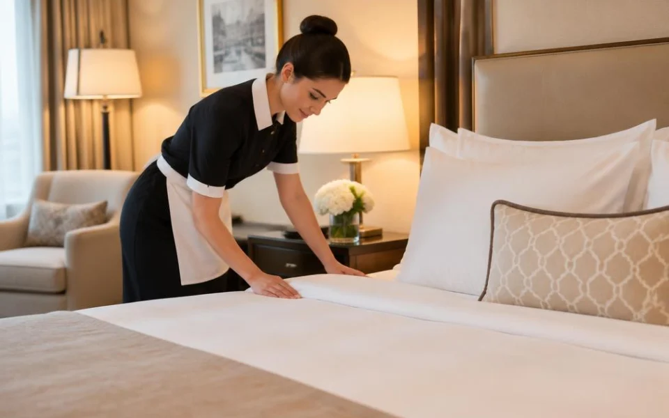 Housekeeper preparing a hotel room