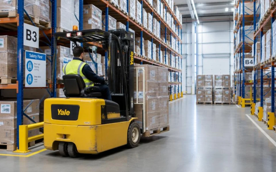 Forklift moving goods through a warehouse