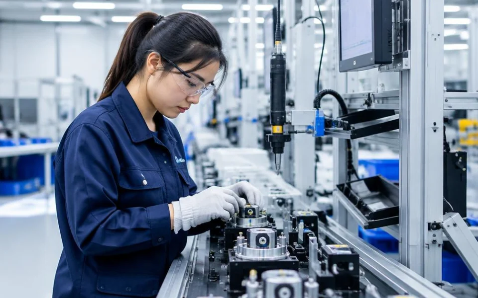 Technician working on a factory assembly line