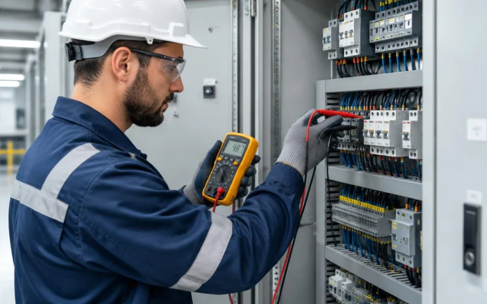 Electrician testing an electrical control panel