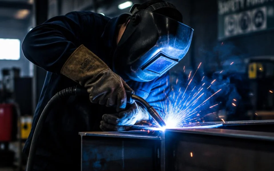 Welder working on steel with sparks