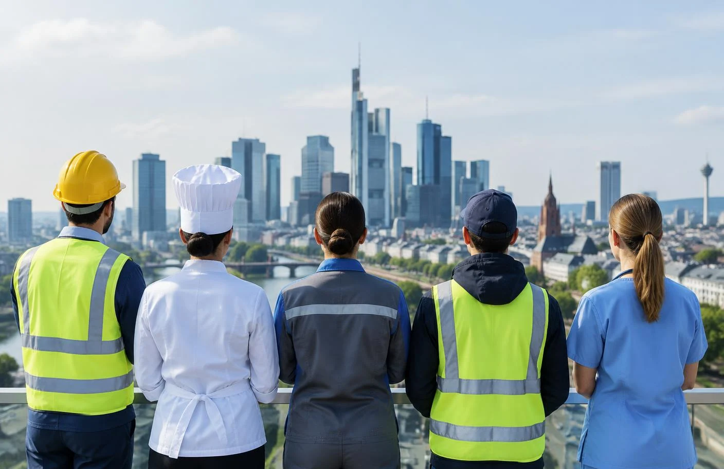 Workers from different trades standing together overlooking a European city