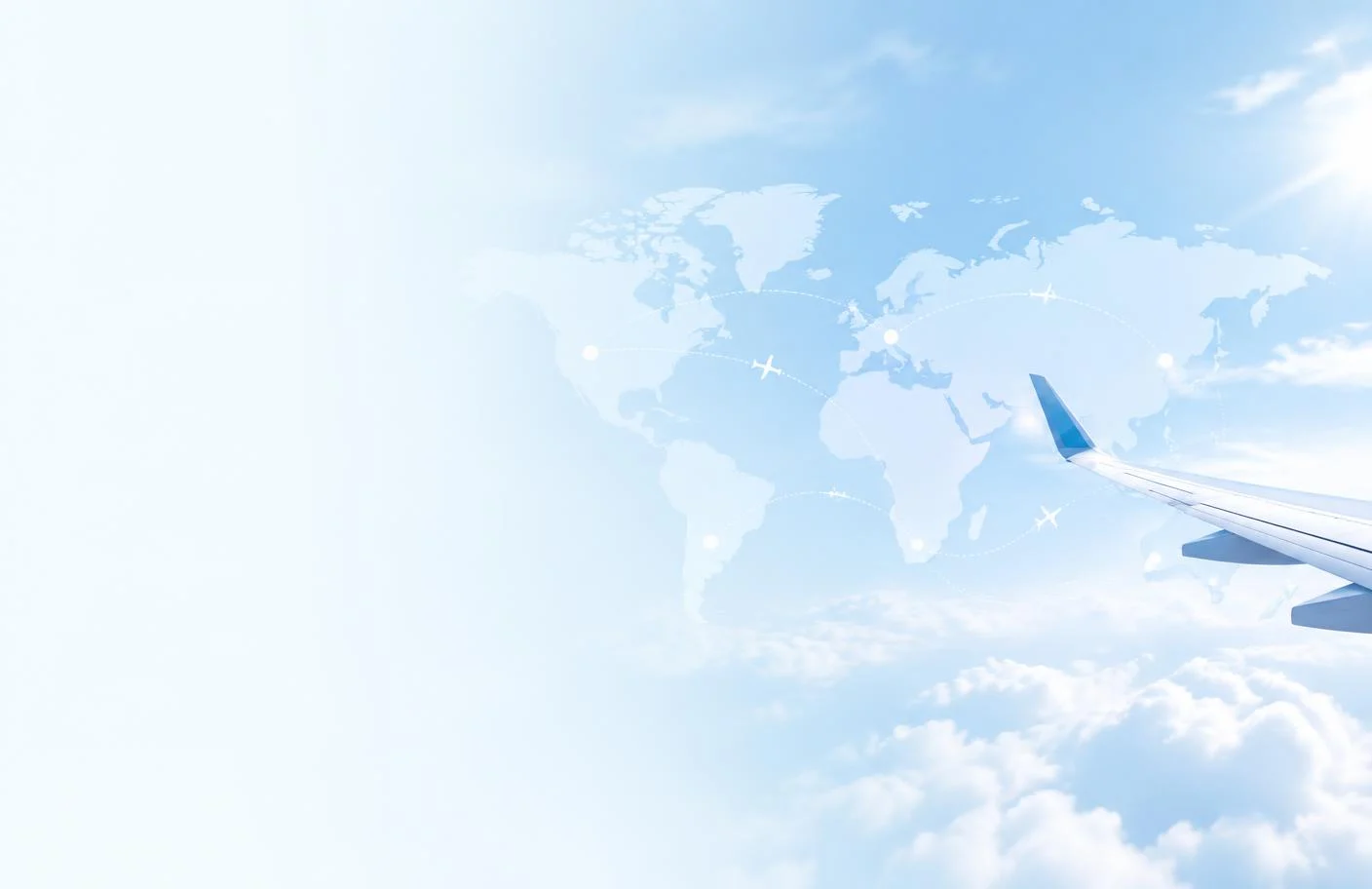 World map with flight paths and an aircraft wing above the clouds