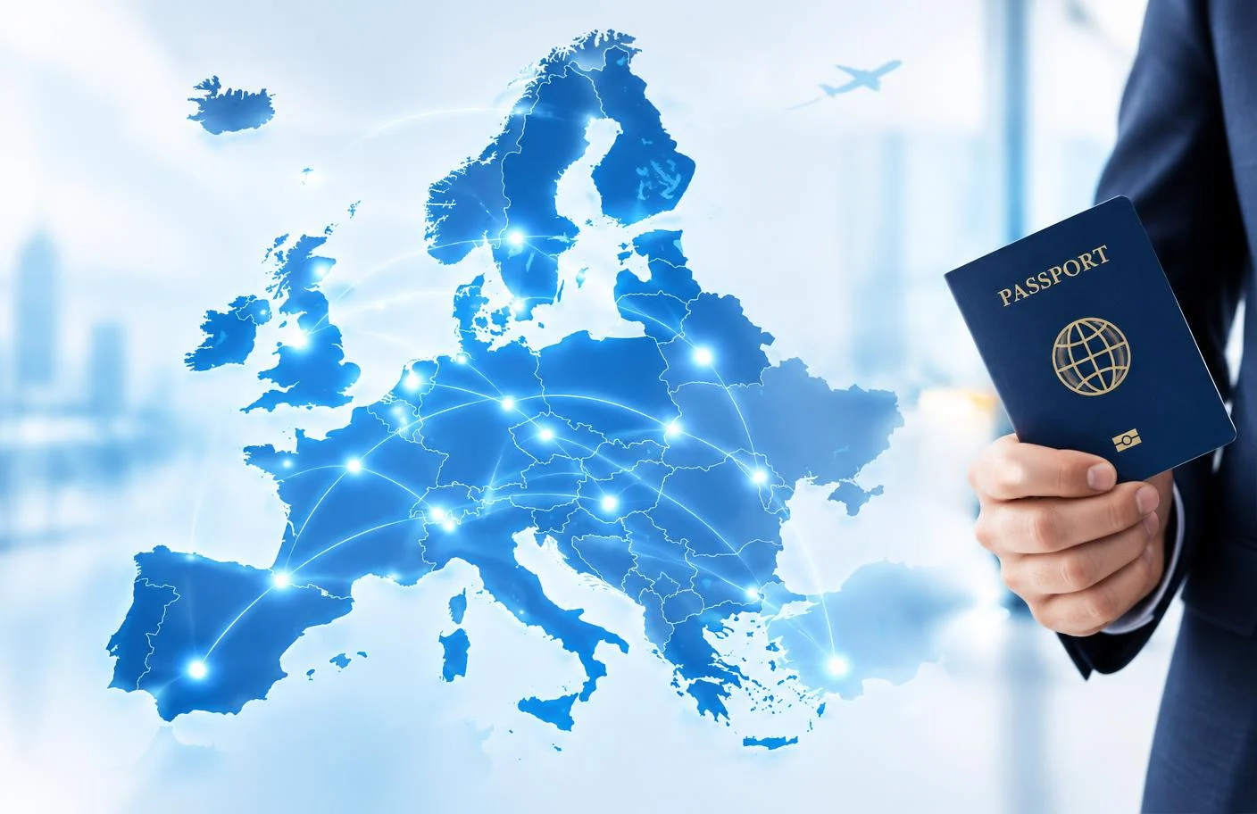 Map of Europe with connection lines and a hand holding a passport