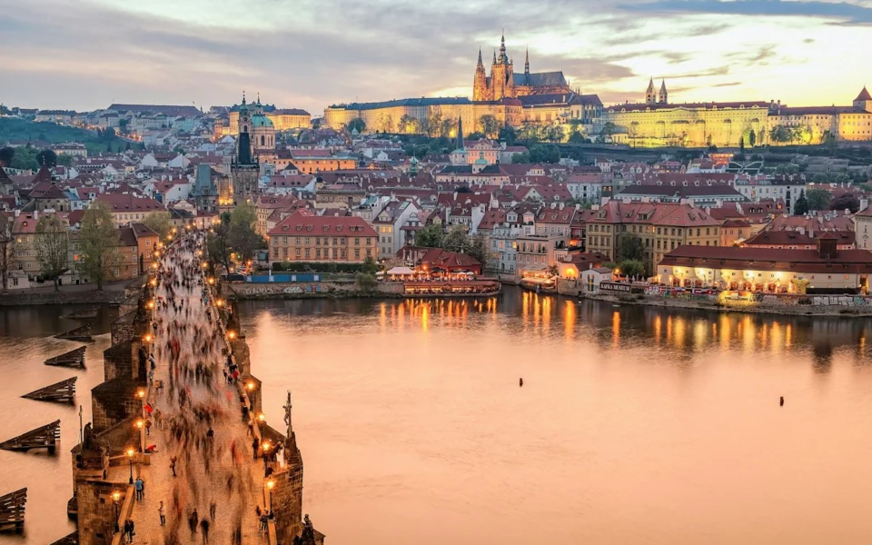 Charles Bridge and Prague Castle at golden hour, Czech Republic