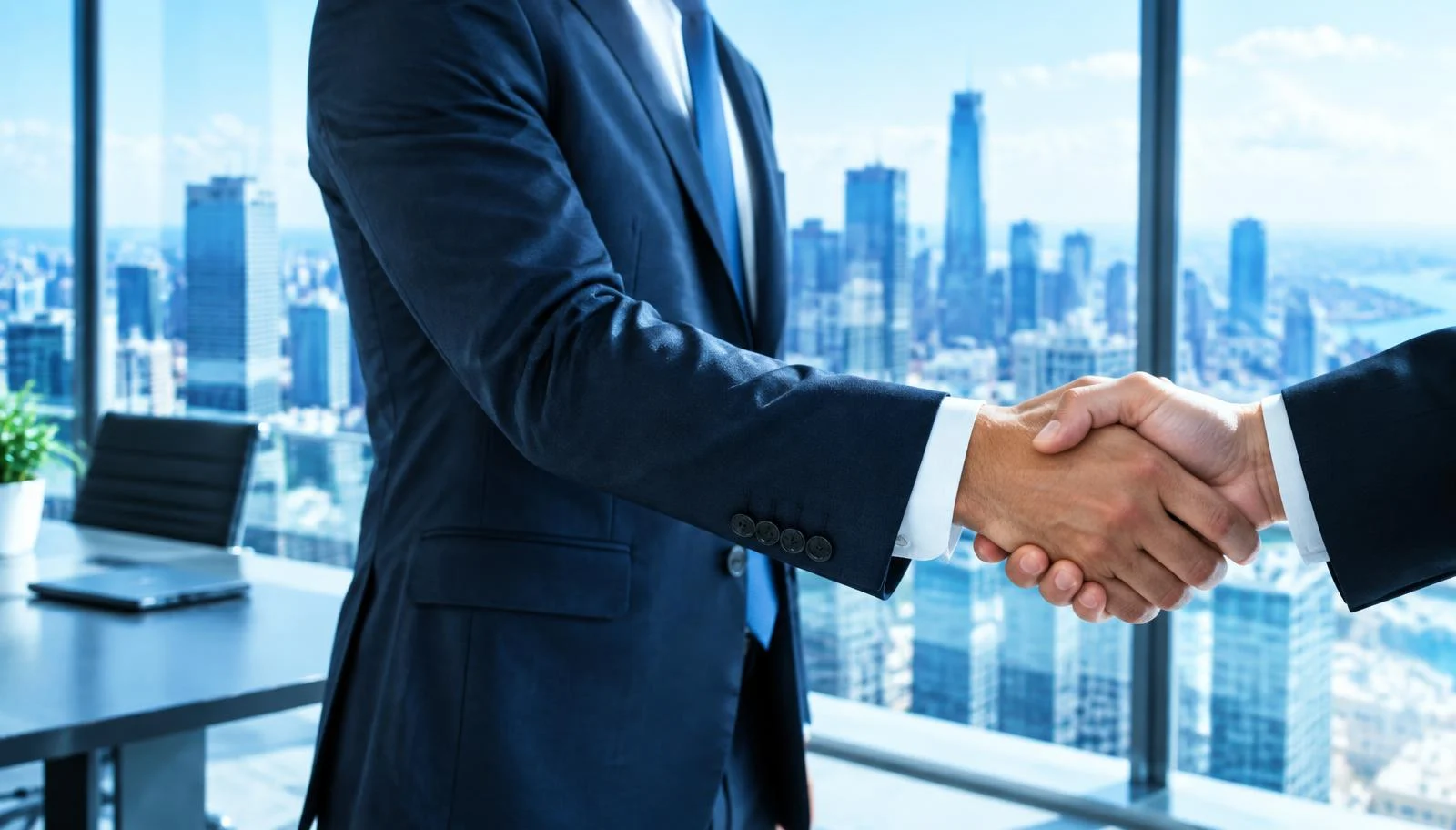 Two business professionals shaking hands in a high-rise office
