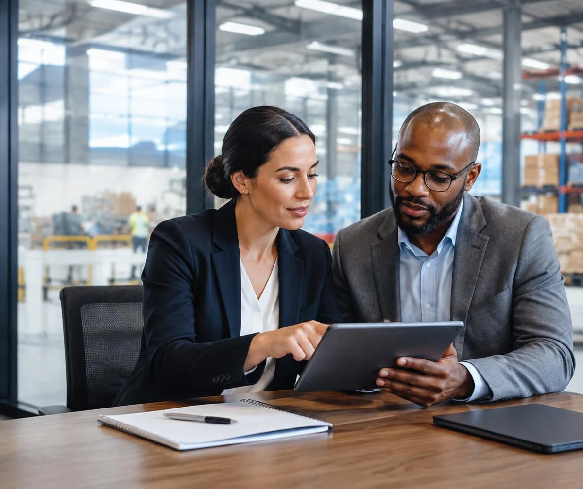 Two professionals reviewing workforce plans on a tablet
