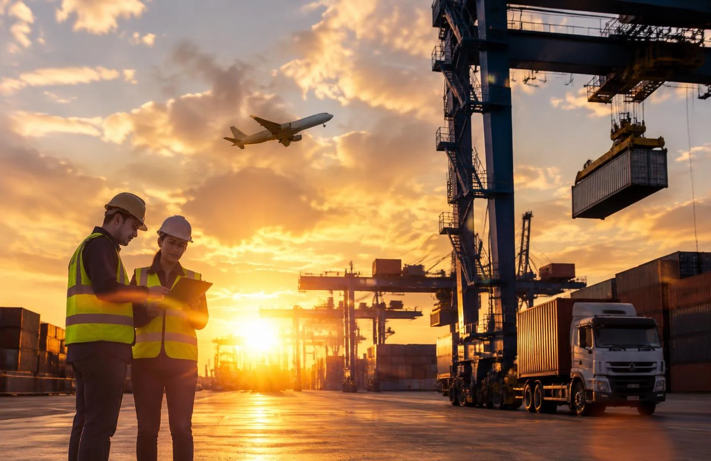 Two workers in hi-vis vests reviewing plans at a logistics port at sunset