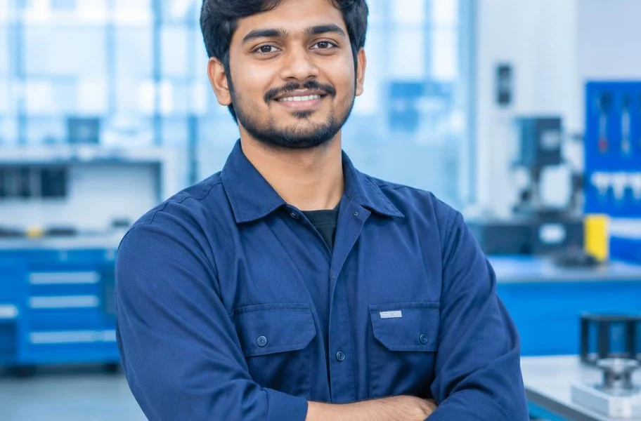 Smiling technician in a navy work shirt