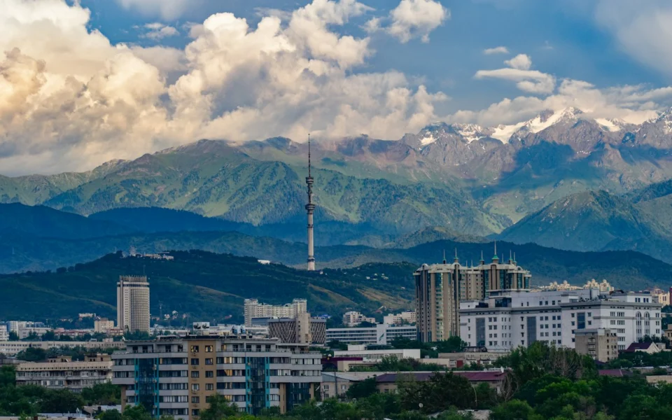 City of Almaty below snow-capped mountains, Kazakhstan