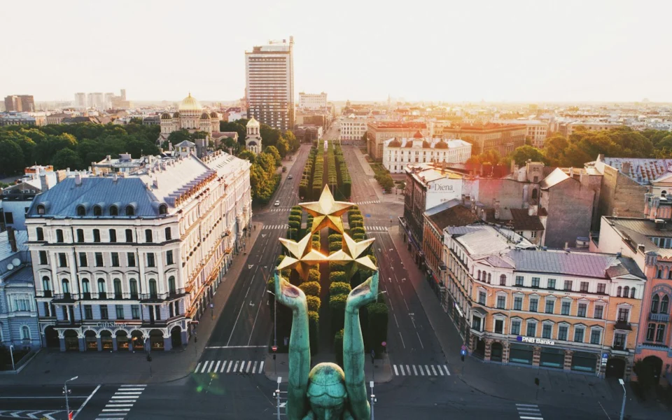 Aerial view of Riga with the Freedom Monument, Latvia