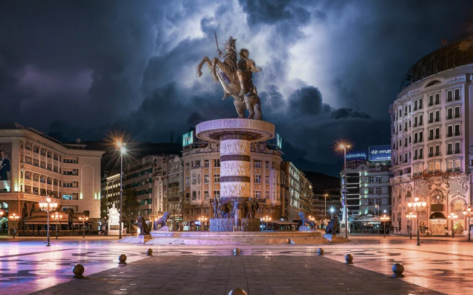 Warrior on a Horse monument in Skopje square, North Macedonia