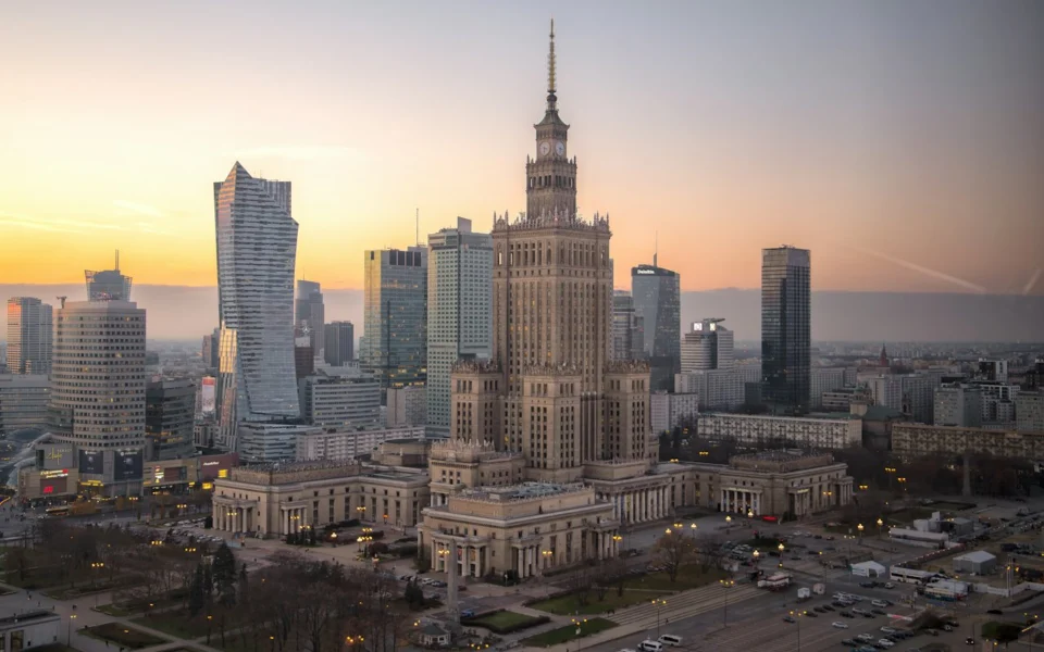 Warsaw city skyline with the Palace of Culture and Science, Poland