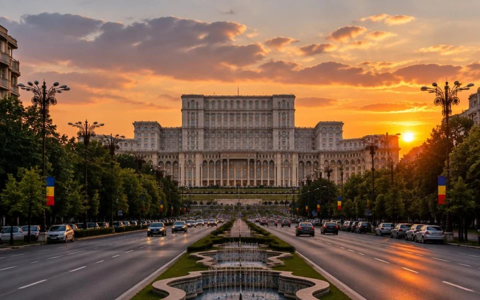 Palace of the Parliament in Bucharest, Romania, at sunset
