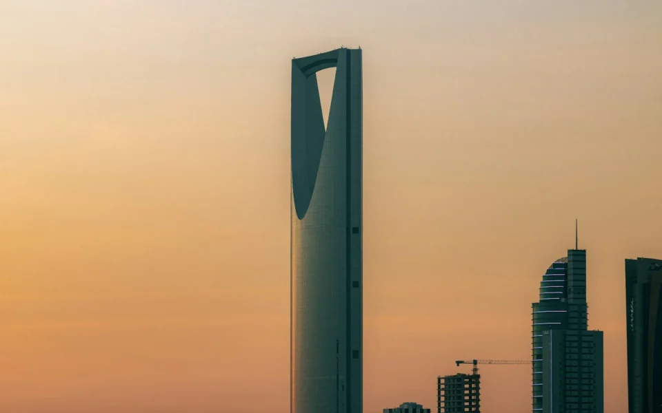 Kingdom Centre tower against a warm evening sky in Riyadh, Saudi Arabia