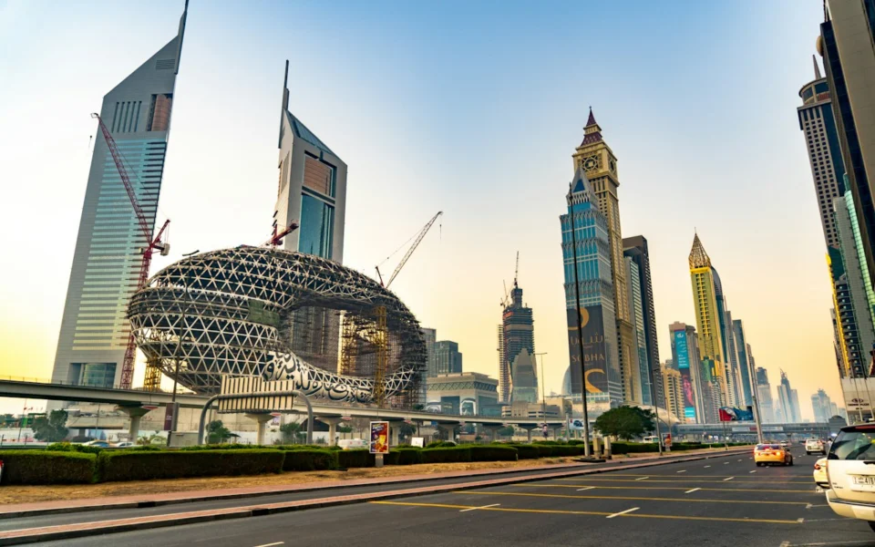 Modern skyscrapers along a highway in Dubai, United Arab Emirates