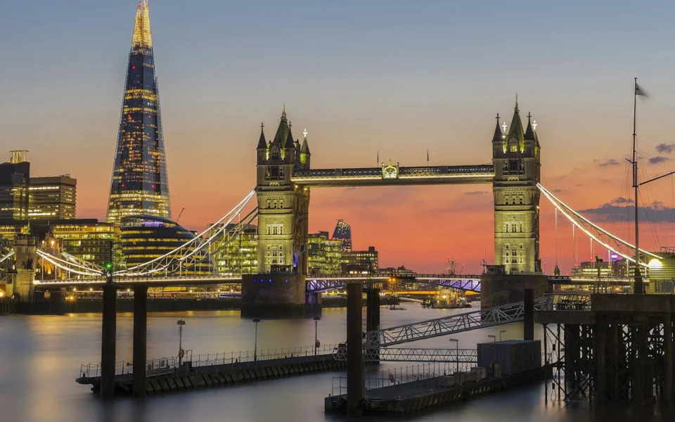 Tower Bridge and the London skyline at dusk, United Kingdom