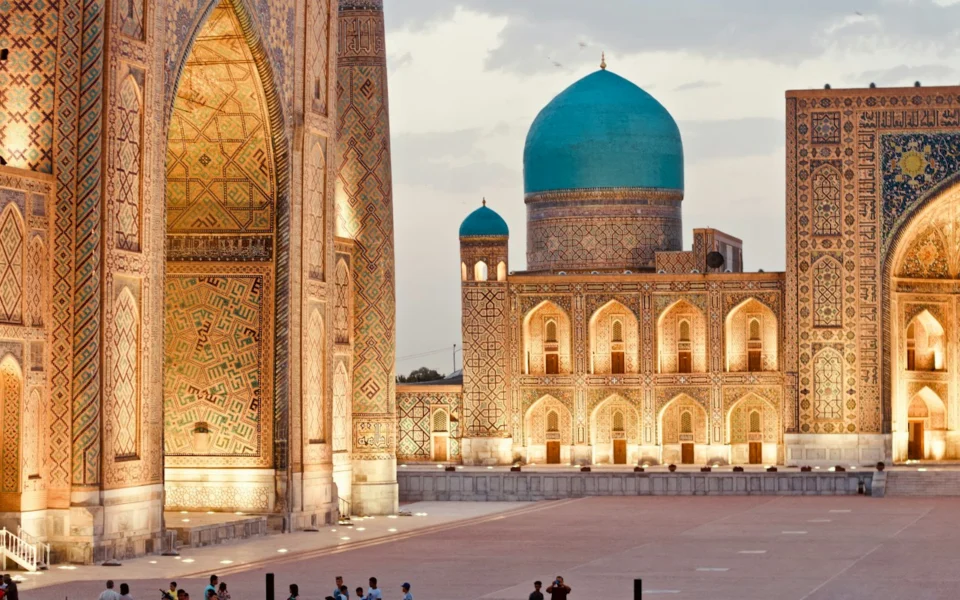 Registan madrasas with blue domes in Samarkand, Uzbekistan