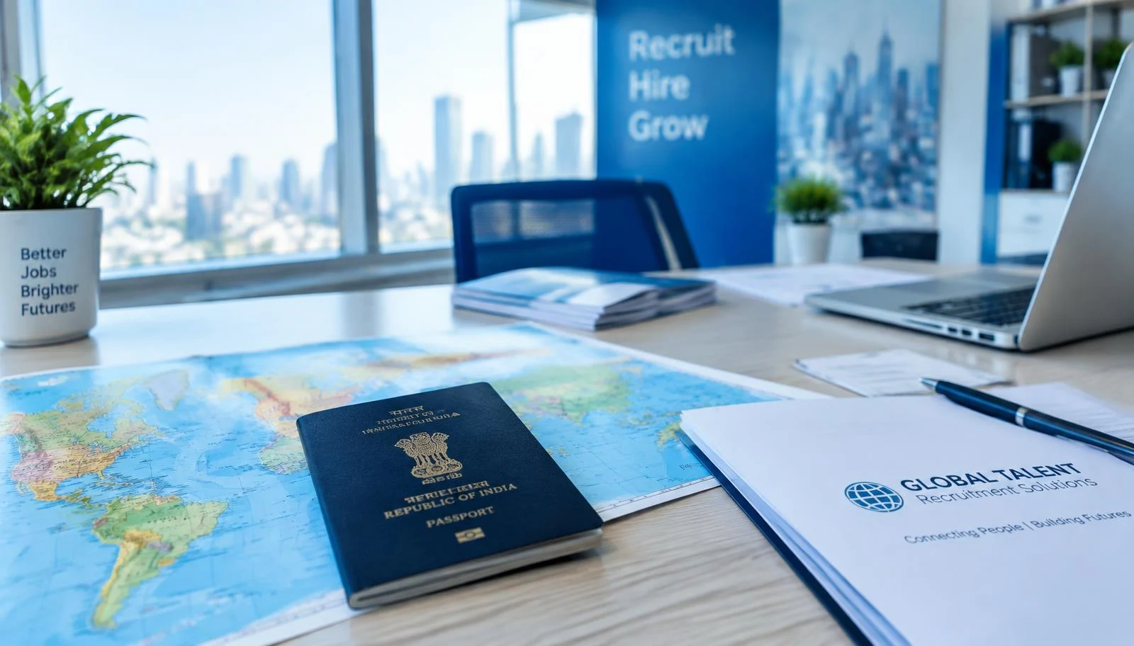Indian passport resting on a world map on a recruitment desk